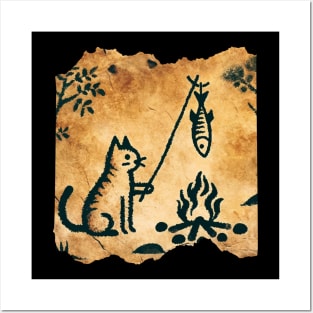 Cave Art Kitten Humor Fish Roasting Art Survival Cat Posters and Art